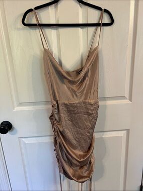 Missguided Taupe Satin Cowl Slip Dress with Side Ruching
